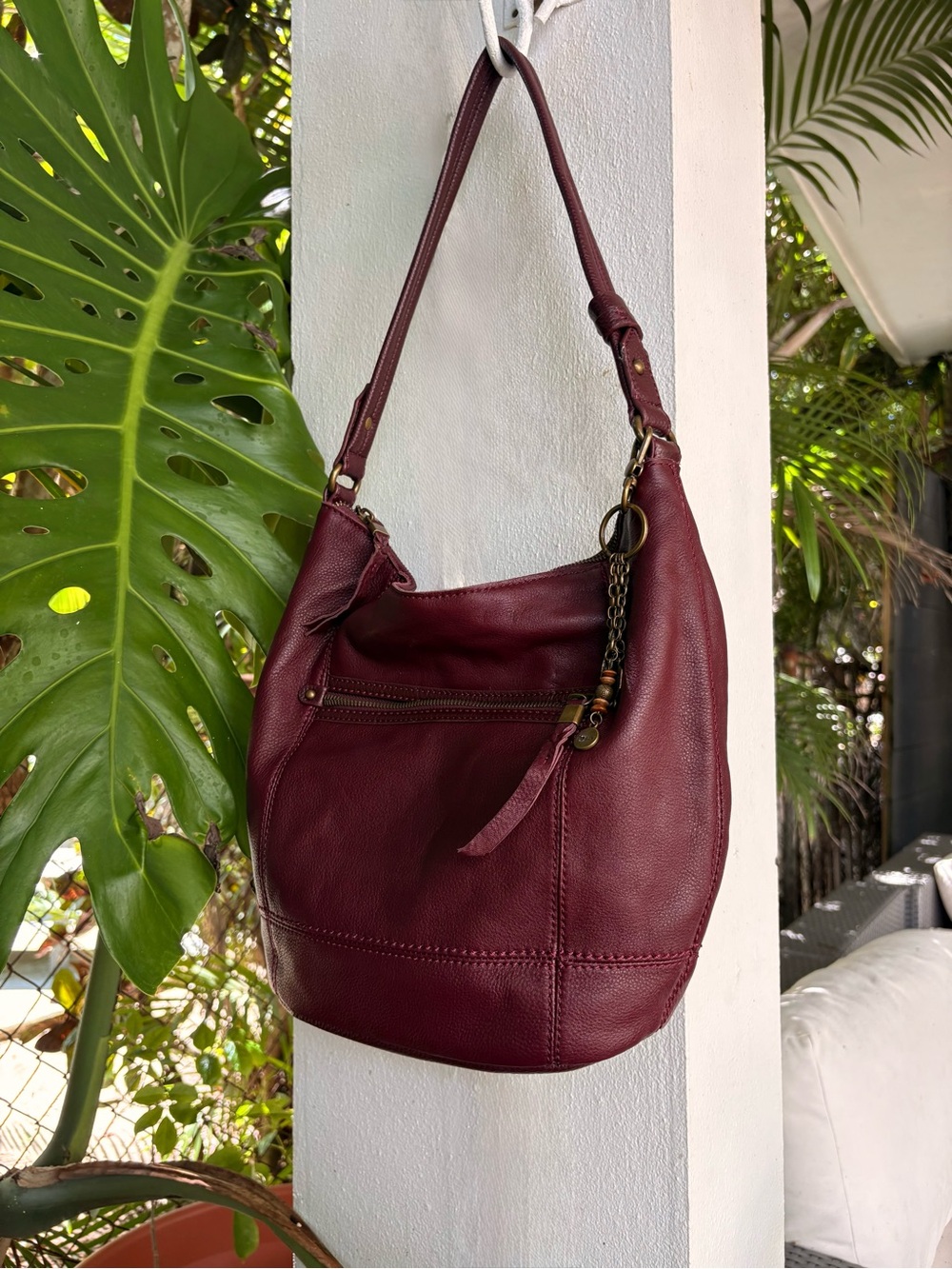 The Sak Sequoia Burgundy Wine Leather Hobo Bag With Charm